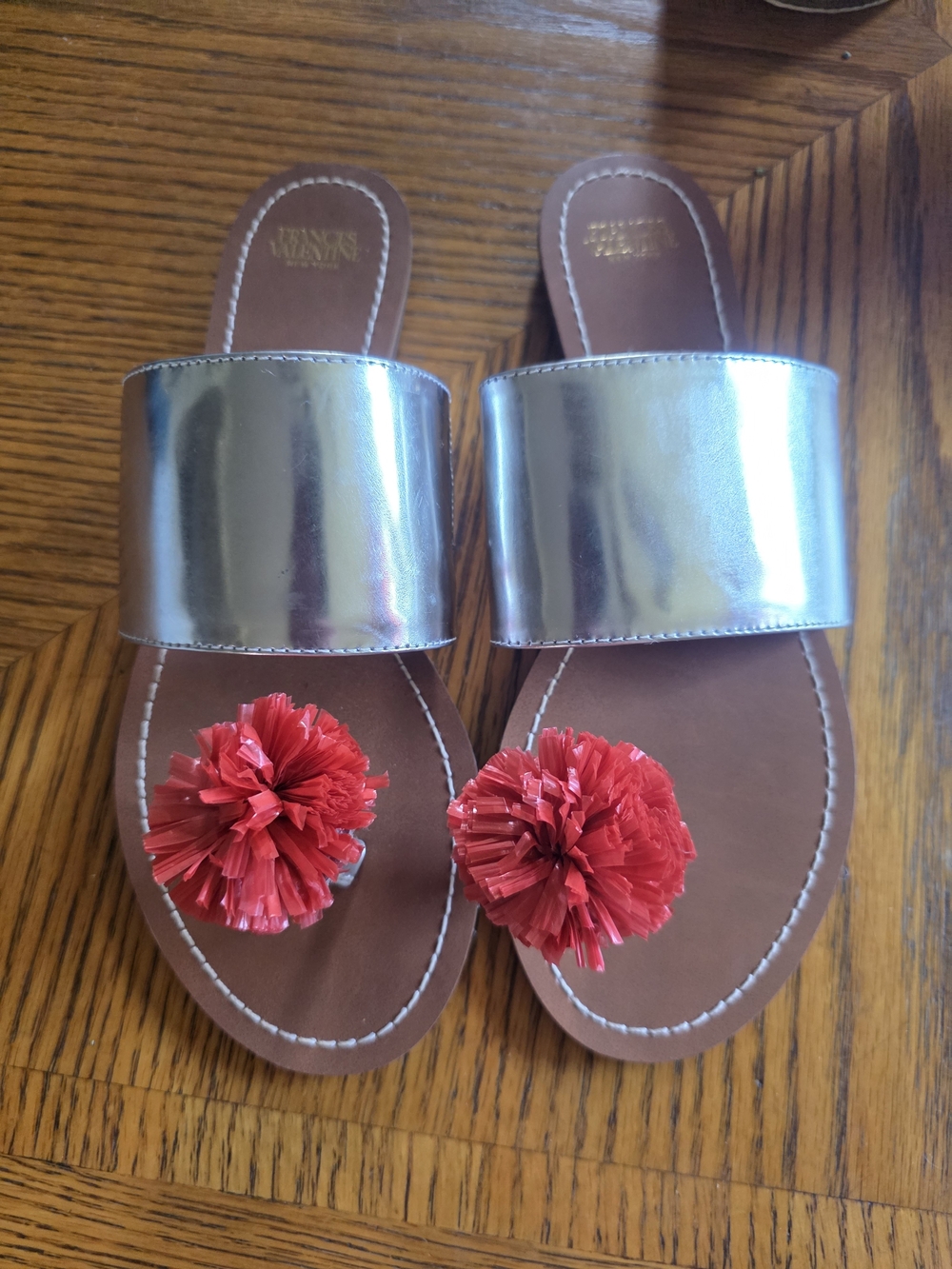 Frances Valentine Silver Slide Sandals with Red Pom